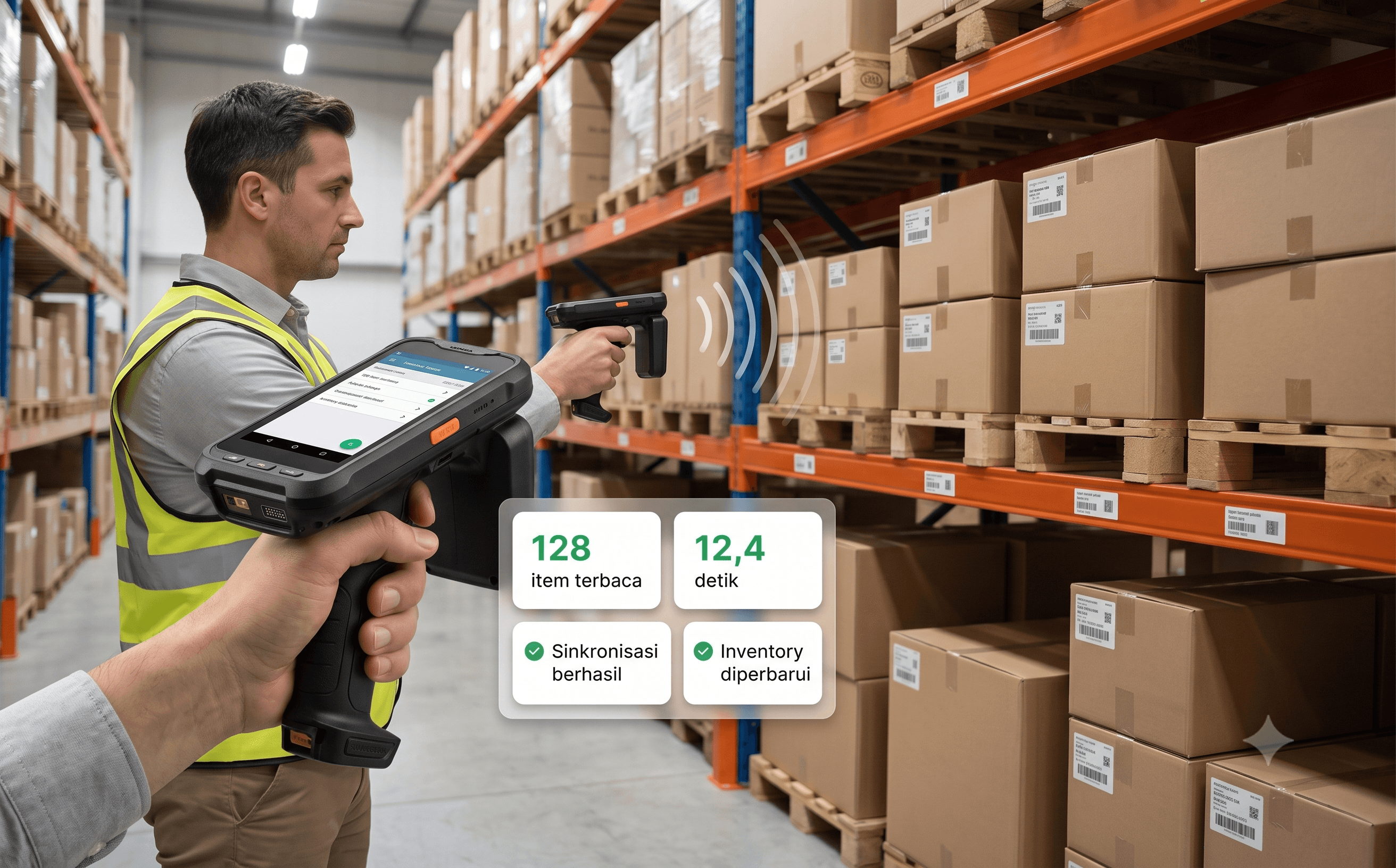 Operator gudang memindai item menggunakan handheld RFID UHF yang terintegrasi dengan ERP dan WMS