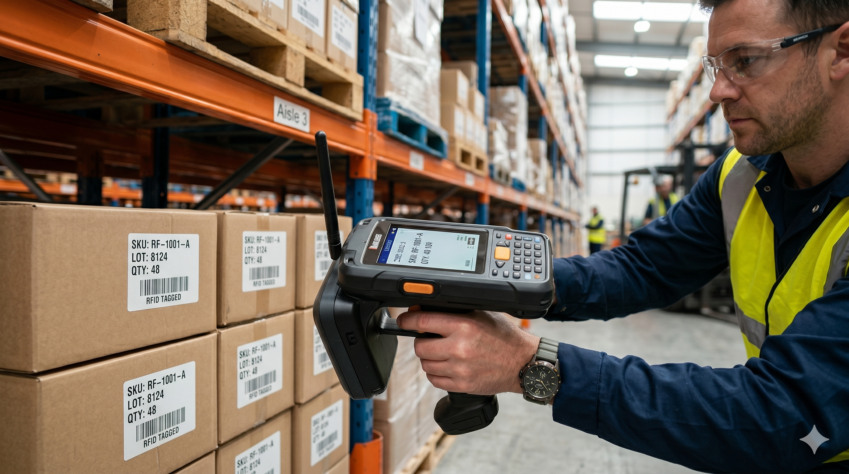 Operator gudang menggunakan perangkat scanner untuk memeriksa stok barang di rak gudang.